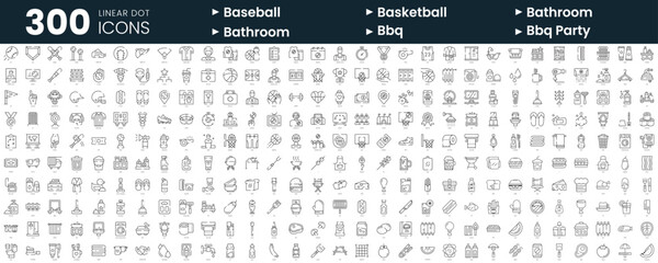 Set of 300 thin line icons set. In this bundle include baseball, basketball, bathroom, bbq, bbq party