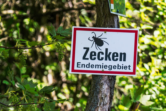 Schild mit der Aufschrift Zecken Endemiegebiet und warnt vor Zecken