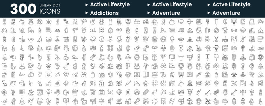 Set of 300 thin line icons set. In this bundle include active lifestyle, actve lifestyle, addictions, adventure