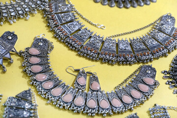 Indian Traditional jewellery displayed in a street shop for sale in Pune, Maharashtra. Indian art,...