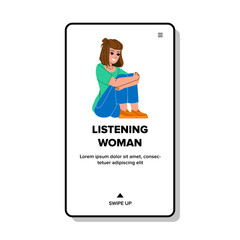 listening woman vector. girl listen, ear hear, person adult, sound female, music hand, happy young portrait listening woman character. people flat cartoon illustration