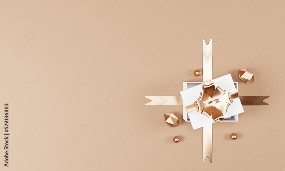 Poster 3d rendering top view gift box with bow isolated on pastel color background