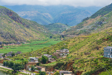 Beautiful scenery and ancient villages in the plateau mountains of Tibet Autonomous Region, China