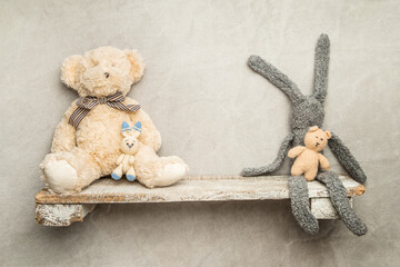 toys on a wooden shelf as digital backdrop or background for newborn baby photography, newborn photo setup and decorations. High quality photo - Powered by Adobe