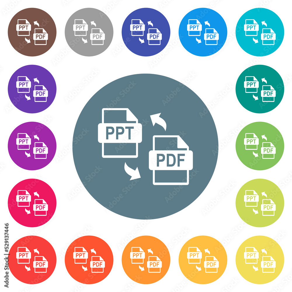Poster ppt pdf file conversion flat white icons on round color backgrounds