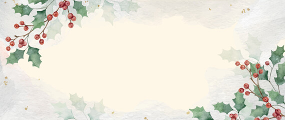 Watercolor Christmas vector background with green leaves and holly berries.