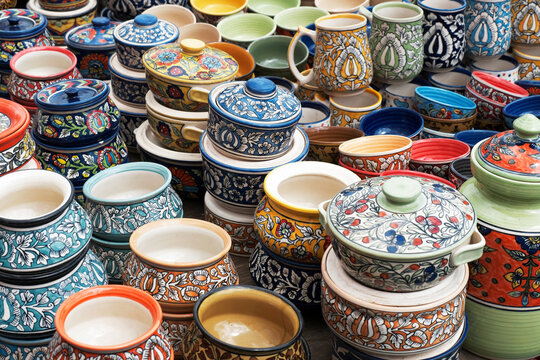 Multicolored Household ceramic items in the Street Market.