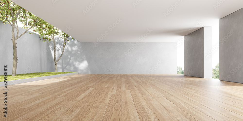 Aufkleber 3d rendering of empty room with wooden floor and concrete wall.
