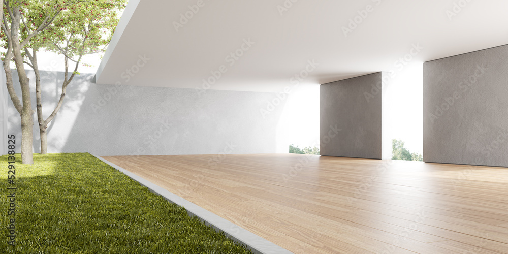 Aufkleber 3d rendering of empty room with wooden floor and concrete wall.