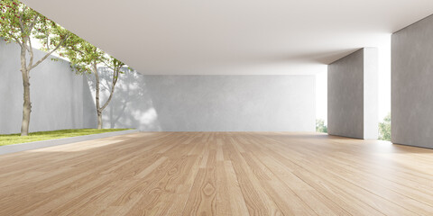 3d rendering of empty room with wooden floor and concrete wall. - obrazy, fototapety, plakaty