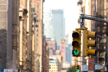 Yellow traffic lights on a street in New York city