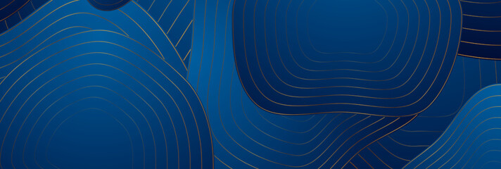 Blue wavy curved circles with golden lines abstract background. Vector luxury art deco design