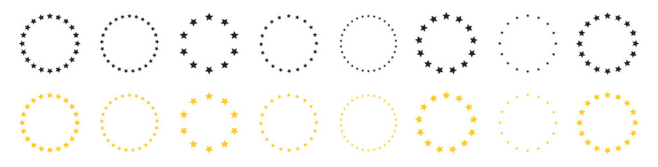 Stars in circle icon. Stars in round circular emblem. Golden star vector icons. Yellow stars in the form of a circle. Vector illustration