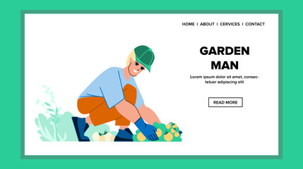 garden man vector. male plant, nature young person, outdoor farmer, happy summer, food cut garden man character. people flat cartoon illustration