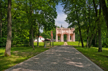 Ruins of neo-gothic Pac`s Palace in Dowspuda, settlement in Podlaskie voivodeship. Poland. The construction work began in 1820.