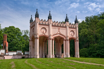 Ruins of neo-gothic Pac`s Palace in Dowspuda, settlement in Podlaskie voivodeship. Poland. The construction work began in 1820.