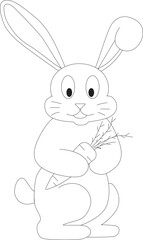 Black and white drawing of a rabbit with a carrot, children's coloring book.
