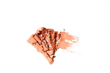 Crushed pink coral eyeshadow swatch isolated on white background. Abstract sample of pink cosmetic clay, blush or eye shadow, beauty make up cosmetics texture products.