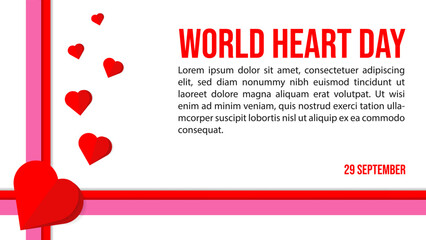 World Heart Day background design with copy space, vector illustration red heart paper cut and ribbon