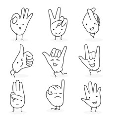 Fototapeta premium Cute hand charactors, different emotion. Outline cartoon style on black and wite color.