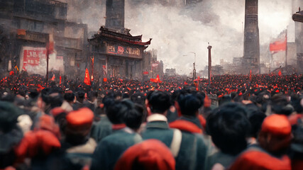Chinese Cultural Revolution. Huge Protest March, Demonstration in China. Thousands of People, generative AI