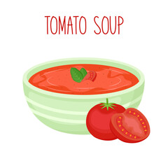 Tomato cream soup in bowl, vector Illustration
