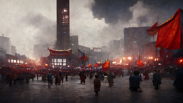 Chinese Cultural Revolution. Huge Protest March, Demonstration in China. Thousands of People
