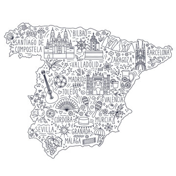 Stylized doodle illustrated map of Spain. Landmarks, attractions and cities. Travel concept. Monochrome vector illustration.