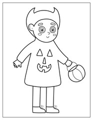 Halloween coloring page with a kid in a devil costume. Trick or treat boy print in cartoon style for coloring book. Vector illustration