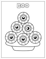 Boo Halloween coloring page with creepy eyeballs on the plate. Scary print for coloring book. Vector illustration