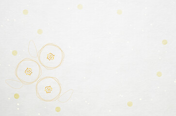 White Japanese "washi" paper texture background with gold pattern. Modern floral Japanese paper background for frames, cards and covers.