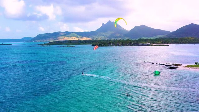Aerial view of kitesurfing off the coast of Le Morne, on the Indian Ocean island of Mauritius.