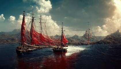 Old ship with red sails at sea.