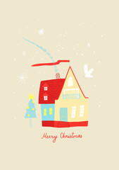 Christmas greeting card with cute house in the woods. - 529142847