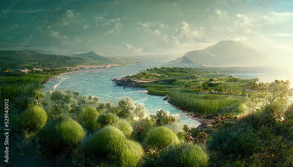 Canvas Prints Summer landscape with a seashore, an island with a hill and mountains on the horizon.