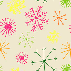 Seamless pattern with funny colorful snowflakes.