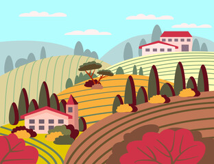 Cute Italian autumn landscape. Vector illustration of a cozy rustic landscape in a flat style. Vineyards of Tuscany. vintage style. For wine labels, posters, postcards, design and decor.
