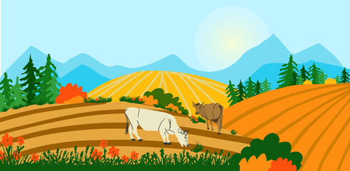 Autumn in the mountains. Cozy landscape with cows in the style of hand-drawn flat vector. Horizontal composition. For labels, postcards, posters, wallpapers, banners, design and decor