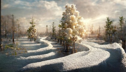 Winter landscape with white snow, tree trunks.