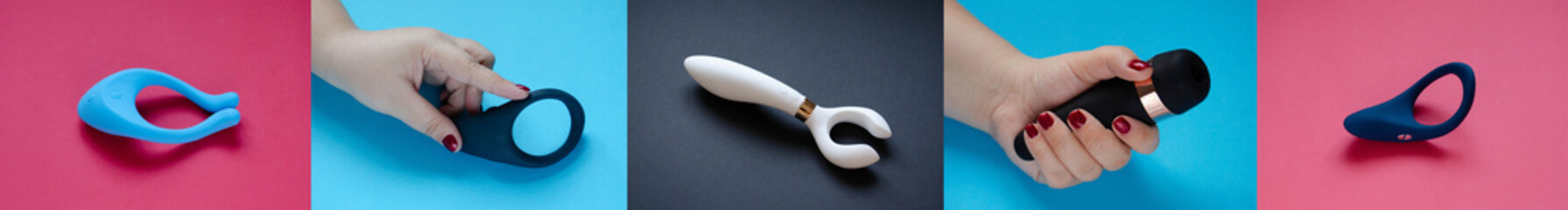 Collage of photos sex toy. Cock rings and vibrators. Useful for adult, sex shop