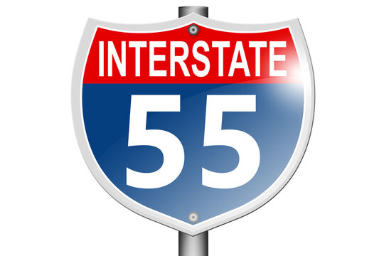 Interstate highway 55 road sign isolated on white background