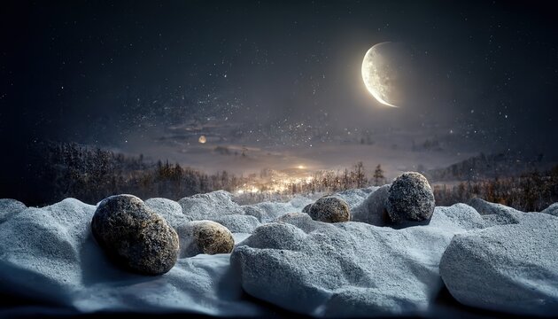 Winter night landscape with a full moon in the sky with stars over a snowy rock, mountains, bare trees.