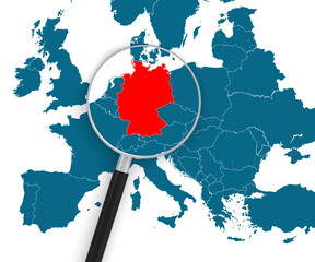 Magnifying glass pointing at Germany map