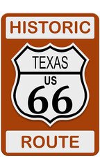 Route 66 old historic traffic sign with Texas state
