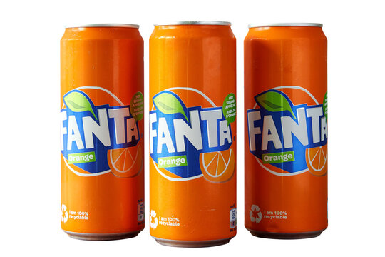 Three Aluminum cans with sweet carbonated drink Fanta isolated on a white background