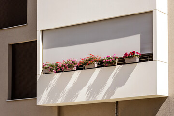 Balcony with Flowers and External Shutters. Modern Decorated Balcony with Blinds on Facade....