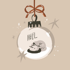 Hand drawn vector abstract graphic Merry Christmas and Happy new year clipart illustration of cat character.Cat in snow globe.Merry Christmas cute animals card design background.Winter holiday art.