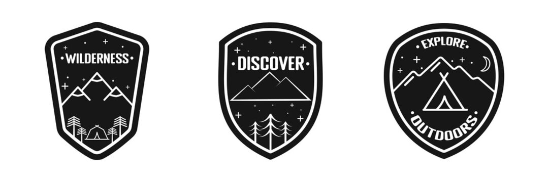 Outdoor adventure stickers and patches vector collection. Set of black and white patches related to wildlife and hiking