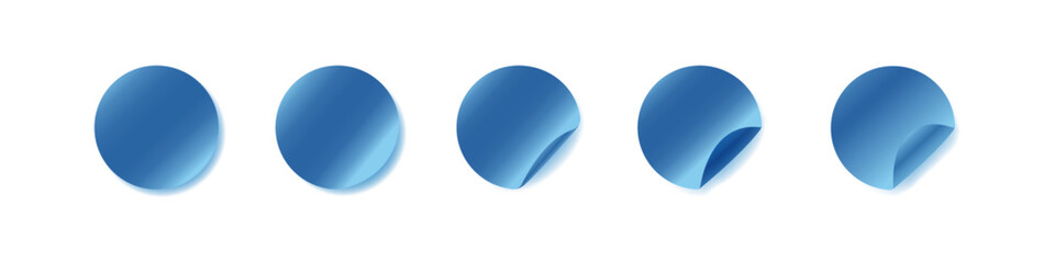 Blank blue round stickers with curled corners, Set of five paper sticker templates with bent edge. 