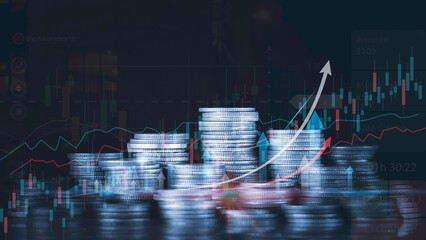 Coin piles with forex chart interface and arrow on blurry city background. Money and stats concept....